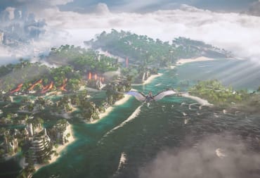 Aloy flying over the titular Burning Shores in the new Horizon Forbidden West DLC
