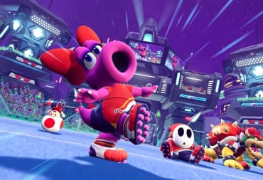 Birdo looking fabulous, with several other characters in the background, in Mario Strikers: Battle League