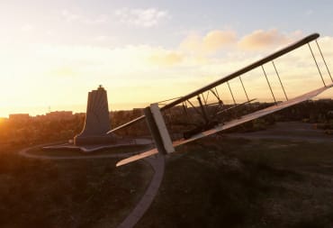 Microsoft Flight Simulator header with a plane flying into the sunset 