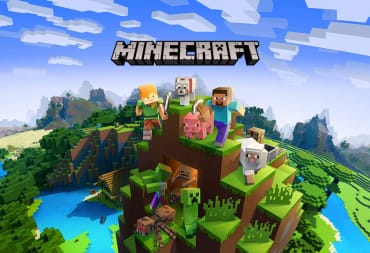 Banner artwork for Minecraft in which several blocky characters stand against a bucolic backdrop
