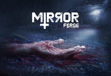 The logo of Mirror Forge in front a rain-drenched highway