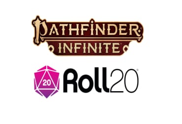 The logos for Pathfinder Infinite and Roll20 on a white background