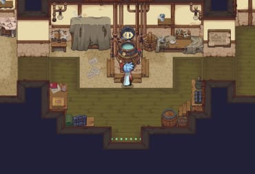 The player character standing in front of a cauldron in Potion Permit
