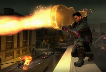 The player firing from a golden guitar case in Saints Row 4