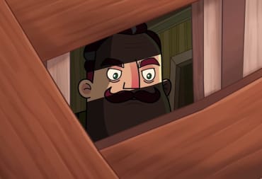 Hello Neighbor Animated Series with the neighbor peeking through trinities window during dinner 