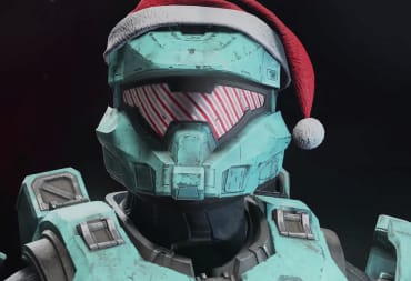 Screenshot from the Halo infinite winter Contingency event of a player wearing a santa hat and peppermint goggles 