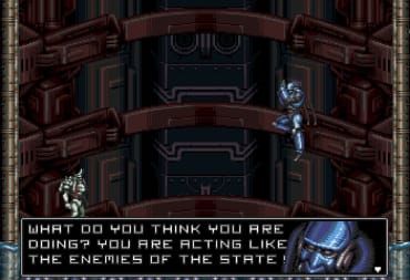Vengeful Guardian: Moonrider Screenshot of the player speaking to a boss enemy before battle in a large chamber