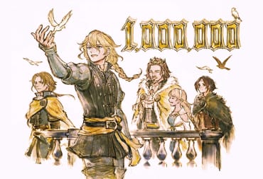 Triangle Strategy header showing some characters celebrating 1 million copies sold.