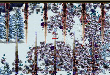 Vampire Survivors screenshot of hordes of enemies rushing the player in the snow, Vampire Survivors: Legacy of the Moonspell,