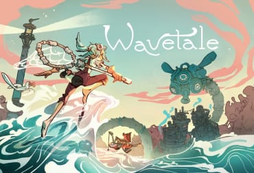 A spread-shot cover of Wavetale, showcasing the main character Sigurd jumping out of the water in the direction of a giant mechanical beast.