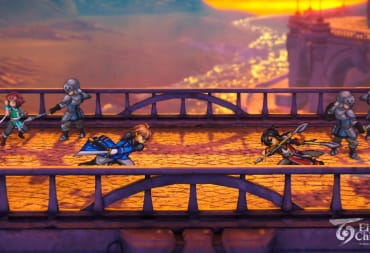 Eiyuden Chronicle: Hundred Heroes header featuring two characters attacking each other on a bridge while others are around