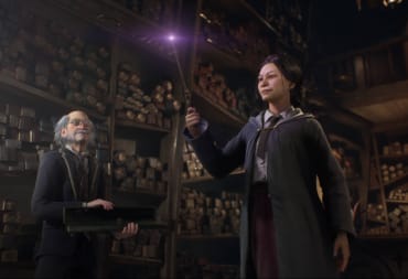A student using a magic spell in front of an approving teacher in Hogwarts Legacy