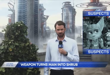 A newsreader standing next to a man who's been turned into a shrub by Ratchet and Clank in the new increased PS5 supply "Live From PS5" trailer