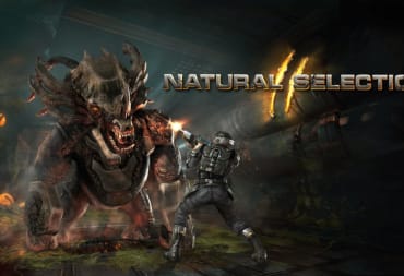 Natural Selection 2 Key Art Showing Soldier Shooting Giant Moose-headed monster in a generic Sci-Fi Dark Corridor
