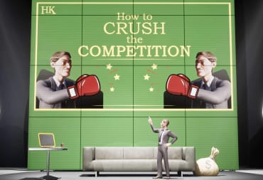 Giles Hemlock standing in front of a display that says "How to Crush the Competition" in Park Beyond