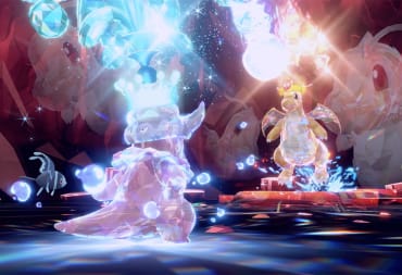 Terastallized Slowking and Dragonite fighting one another in Pokemon Scarlet and Violet
