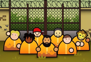 A group of prisoners standing in front of a jungle-themed prison in Prison Architect