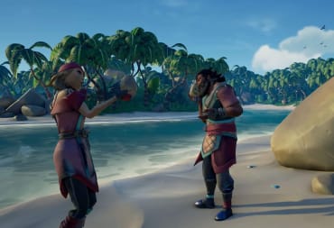 Two pirates talking to their pet rocks in Sea of Thieves