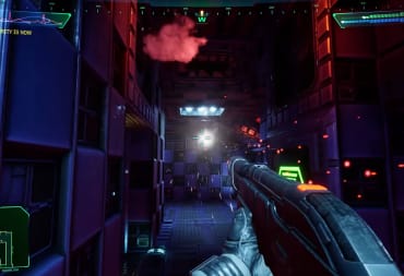 The player shooting at a security camera in the Nightdive System Shock remake