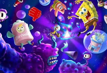 A spread shot image of The Cosmic Shake's game cover, showcasing SpongeBob floating with Patrick Star, Sandy, Mrs. Puff, and various enemies within the game.