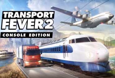 Key art for Transport Fever 2: Console Edition, including several vehicles and the game's logo