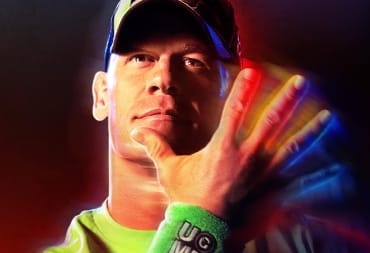 John Cena waving his hand in front of the camera in his signature "you can't see me" gesture for WWE 2K23