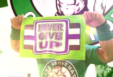 John Cena holding up his signature catchphrase "NEVER GIVE UP" in the WWE 2K23 Showcase mode