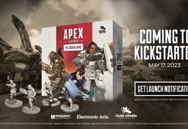 The promo image of Apex Legends: The Board Game, featuring the box and several miniatures.