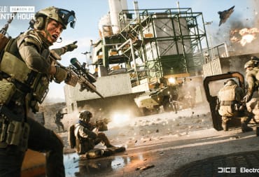 A soldier shouting and pointing while others battle in the background in the Battlefield 2042 Update 4.0 key art