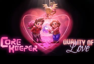 Two characters, one holding a bunch of flowers and the other a love letter, in artwork for the Core Keeper Quality Of Love update