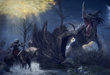 The player riding Torrent and facing off against a dragon in Elden Ring