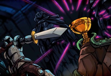 A knight pointing a sword at a golden chalice in the indie roguelite Knight vs Giant: The Broken Excalibur