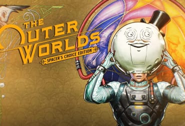 A character holding up a Moon Man mascot costume in the key art for The Outer Wilds: Spacer's Choice Edition