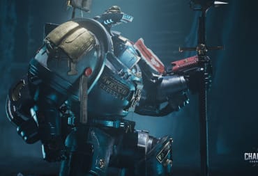 A Space Marine of the Grey Knights order kneels against his Power Sword in Warhammer 40,000: Chaos Gate - Daemonhunters