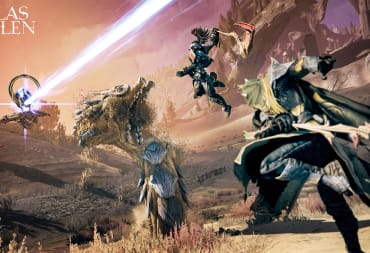 Two characters doing battle with enemies in a sandy wasteland in Atlas Fallen