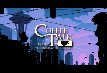 A spread shot image of Coffee Talk Episode 2: Hibiscus & Butterfly, showcasing the silhouette of a person against the backdrop of a dimly-lite downtown Seattle, with the Space Needle portruding.