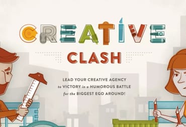 Creative Clash Board Game Cover Art With Two Characters Scowling at Each Other With Cityscape in Background