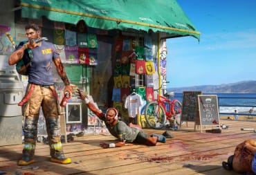 A survivor ignoring a zombie reaching out for him on the boardwalk in Dead Island 2