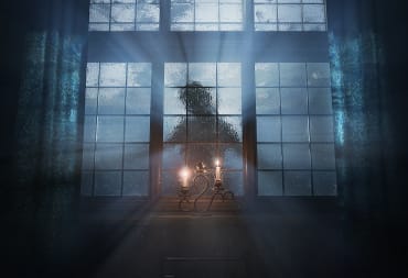 A monstrous figure silhouetted outside a frosted glass window in Layers of Fear