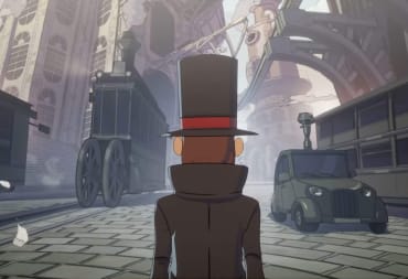 The back of Professor Layton's head against the backdrop of the city of Steam Bison in Professor Layton and the New World of Steam