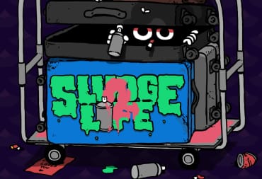 Key art for Sludge Life 2, which depicts a creature hiding in a dumpster