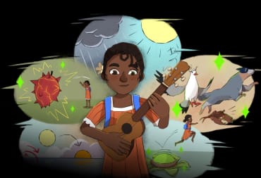 Tchia playing her ukulele with the different animals and objects she can summon in the background