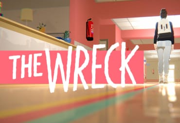 An in-game screenshot with The Wreck logo in focus, showcasing Junon walking down a hallway, spotless and shiny.