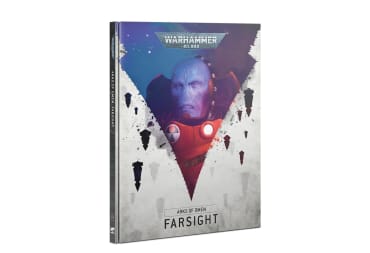 The book cover of Arks of Omen: Farsight, featuring the face of Commander Farsight on the front