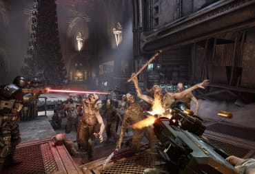 Two gunners shooting at a horde of enemies in Warhammer 40k: Darktide