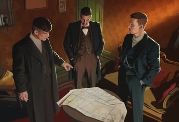 Three members of the Peaky Blinders gathered around a map in the Xbox Games with Gold April 2023 game Peaky Blinders: Mastermind