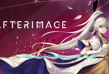Official artwork of the game Afterimage, feautring hero Renee with her sword drawn on a red background.