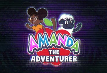 artwork depicting a logo for a tv show called Amanda the Adventurer with brightly colored bubble letters as the font in the cntre, with CRT-scanlines across the background. At the top of the title a cartoon of a little girl is waving at the viewer next to a cartoon sheep. 