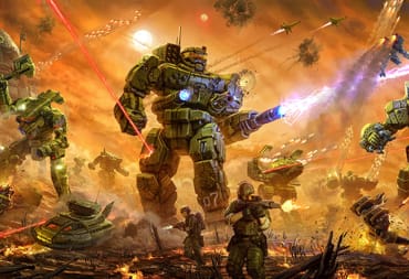 Official artwork from Battletech: Mercenaries featuring a battlefield of soldiers and mechs