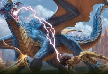 Artwork from D&D 5e, featuring a blue dragon attacking a warrior